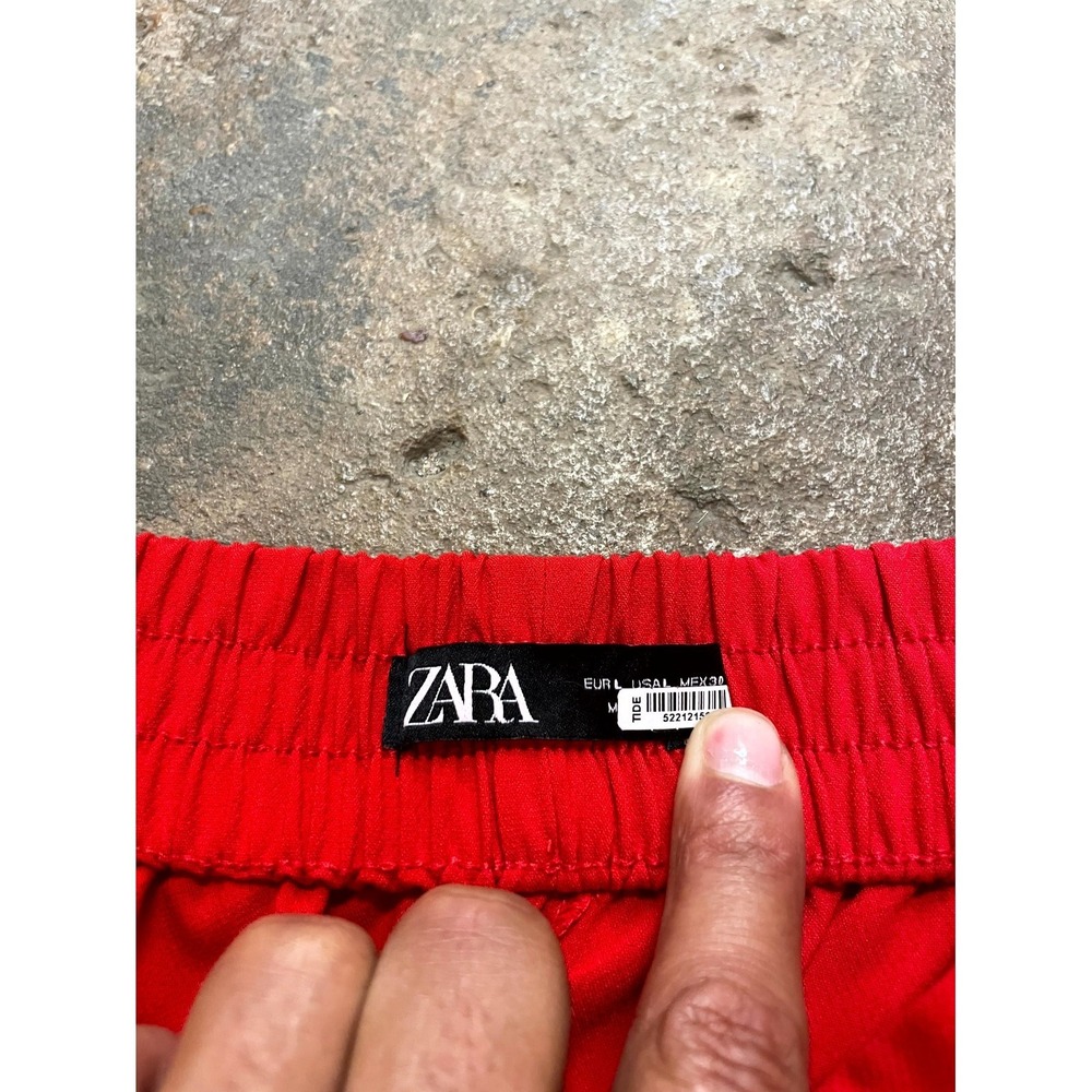 Zara Tailored Pants Womens L Red Stretch Elastic Waist Button Details Straight - Picture 5 of 16